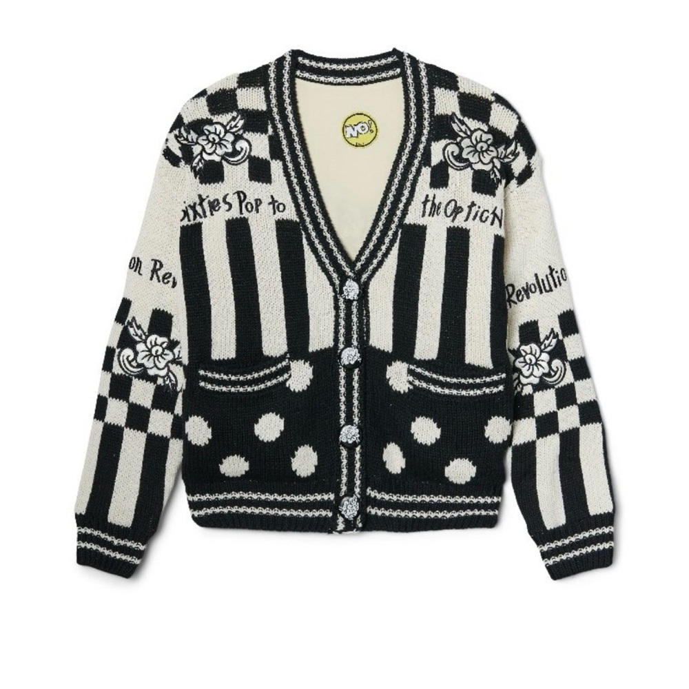 Black & White Patterned V-Neck Cardigan Sweater